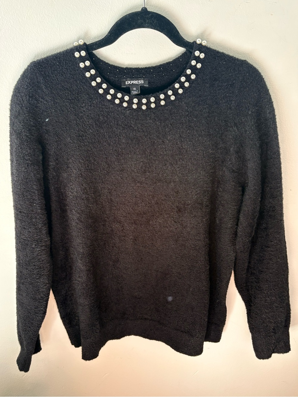 Express Black Pearl Embellished Crew Neck Sweater Size XL
